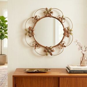 Vintage Made in England Brass Floral Oval Wall Mirror MCM Poinsettia